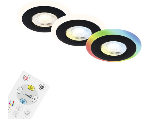 Éclairage LED à encastrer en plastique 3 x 5 W 460 lm Ø 84 mm noir à intensité lumineuse variable Trois spots encastrables avec différentes couleurs de lumière et télécommande correspondante