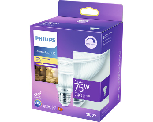 Philips LED Lampe, dimmbar, warmweiß, E27 Fassung, Verpackung