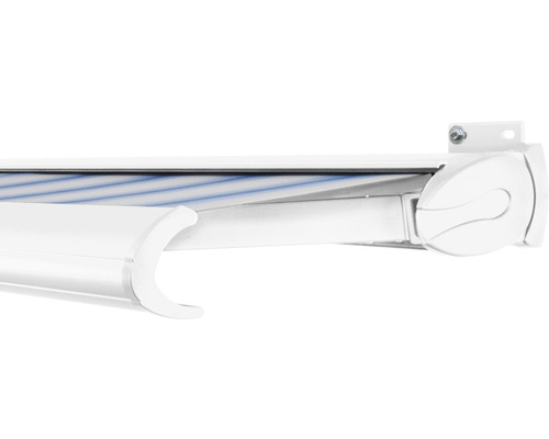 SOLUNA Kassettenmarkise Exclusiv 4x1,5 Stoff Dessin 320234 Gestell RAL 9016 verkehrsweiss Antrieb rechts inkl. Motor und Wandschalter