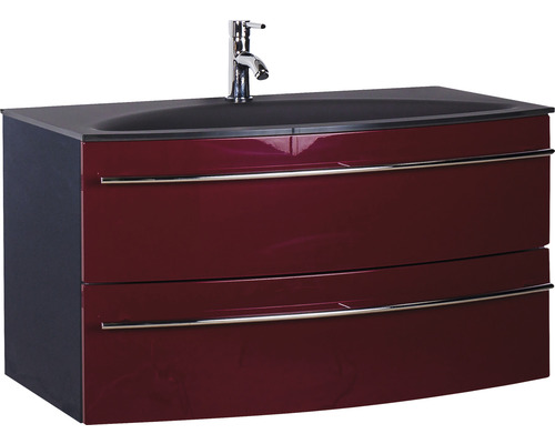Ensemble de meubles de salle de bains Marlin 3040 couleur de façade rouge brillant 2 pièces avec lavabo en verre lxhxp 90,4 x 90 x 47,9 cm-0