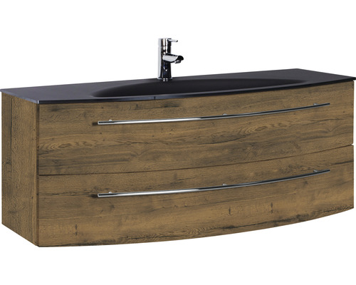 Ensemble de meubles de salle de bains Marlin 3040 couleur de façade chêne marron décor bois 2 pièces avec lavabo en verre lxhxp 120,4 x 90 x 47,9 cm