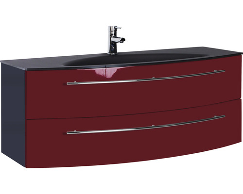 Ensemble de meubles de salle de bains Marlin 3040 couleur de façade rouge brillant 2 pièces avec lavabo en verre lxhxp 120,4 x 90 x 47,9 cm