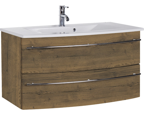 Ensemble de meubles de salle de bains Marlin 3040 couleur de façade chêne marron décor bois 2 pièces avec lavabo en céramique blanc lxhxp 91 x 90 x 51 cm