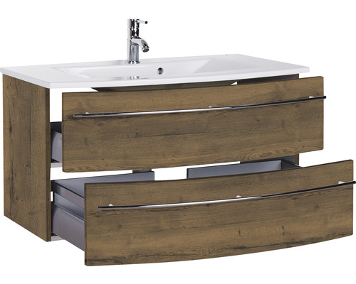 Waschtischunterschrank mit zwei offenen Schubladen, Keramikwaschtisch und Armatur