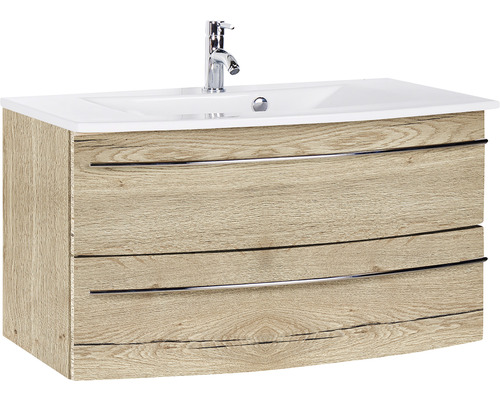 Ensemble de meubles de salle de bains Marlin 3040 couleur de façade chêne nature décor bois 2 pièces avec lavabo en céramique blanc lxhxp 91 x 90 x 51 cm