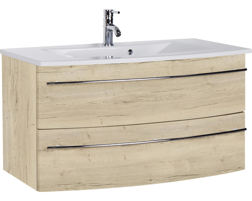 Ensemble de meubles de salle de bains Marlin 3040 couleur de façade chêne blanc décor bois 2 pièces avec lavabo en céramique blanc lxhxp 91 x 90 x 51 cm