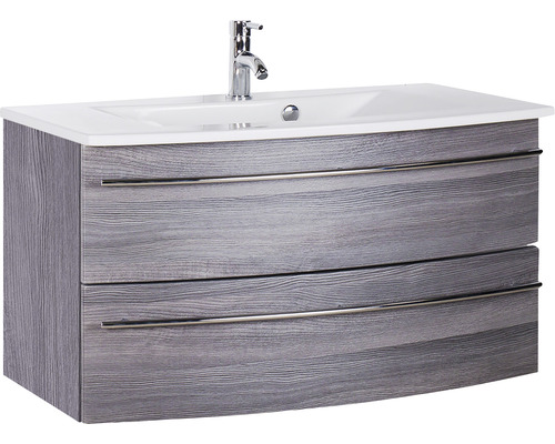 Ensemble de meubles de salle de bains Marlin 3040 couleur de façade châtaignier graphite décor bois 2 pièces avec lavabo en céramique blanc lxhxp 91 x 90 x 51 cm