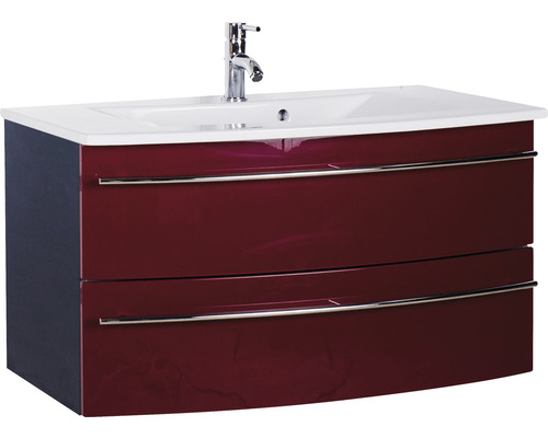 Ensemble de meubles de salle de bains 3040 couleur de façade rouge brillant 2 pièces avec lavabo en céramique blanc lxhxp 91 x 90 x 51 cm