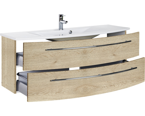 Waschtischunterschrank mit zwei offenen Schubladen, Holzdekor und Keramikwaschbecken