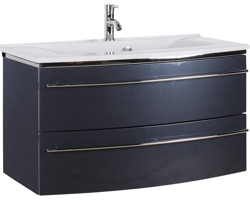 Ensemble de meubles de salle de bains Marlin 3040 couleur de façade anthracite brillant 2 pièces avec lavabo en marbre minéral blanc lxhxp 92,4 x 90 x 48 cm