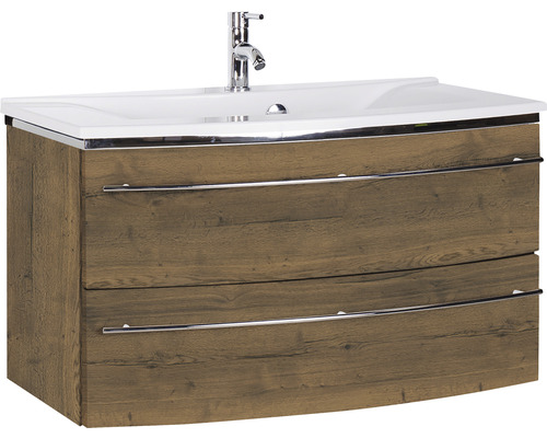 Ensemble de meubles de salle de bains Marlin 3040 couleur de façade chêne marron décor bois 2 pièces avec lavabo en marbre minéral blanc lxhxp 92,4 x 90 x 48 cm