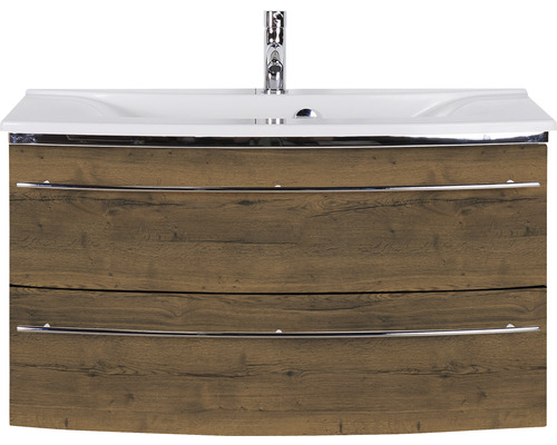 Waschtischunterschrank mit Waschbecken und zwei Schubladen in Holzoptik