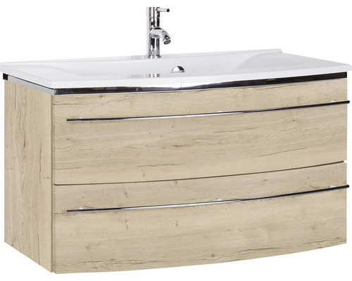 Ensemble de meubles de salle de bains Marlin 3040 couleur de façade chêne blanc décor bois 2 pièces avec lavabo en marbre minéral blanc lxhxp 92,4 x 90 x 48 cm