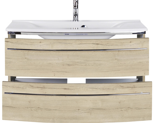 Waschtischunterschrank mit zwei Schubladen, Holzdekor und Aufsatzwaschbecken