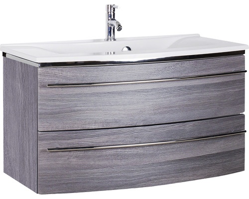 Ensemble de meubles de salle de bains Marlin 3040 couleur de façade châtaignier graphite décor bois 2 pièces avec lavabo en marbre minéral blanc lxhxp 92,4 x 90 x 48 cm
