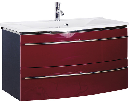 Ensemble de meubles de salle de bains Marlin 3040 couleur de façade rouge brillant 2 pièces avec lavabo en marbre minéral blanc lxhxp 92,4 x 90 x 48 cm