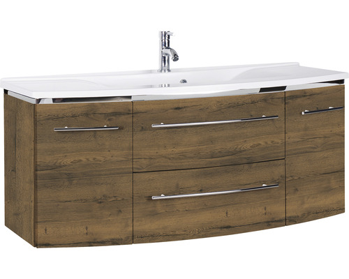 Ensemble de meubles de salle de bains Marlin 3040 couleur de façade chêne marron décor bois 2 pièces avec lavabo en marbre minéral blanc lxhxp 122 x 90 x 48 cm