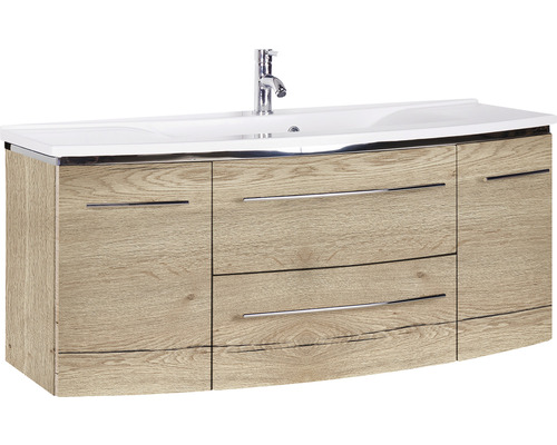 Ensemble de meubles de salle de bains Marlin 3040 couleur de façade chêne nature décor bois 2 pièces avec lavabo en marbre minéral blanc lxhxp 122 x 90 x 48 cm