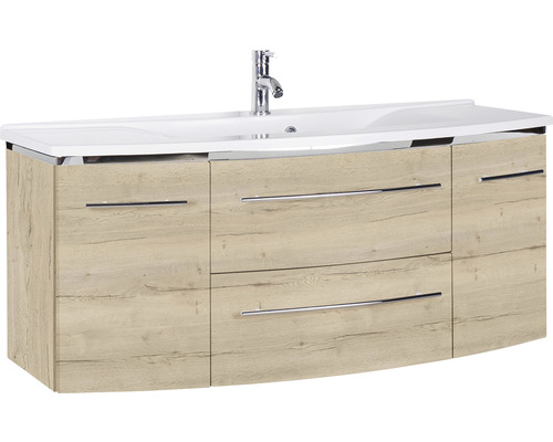 Ensemble de meubles de salle de bains Marlin 3040 couleur de façade chêne blanc décor bois 2 pièces avec lavabo en marbre minéral blanc lxhxp 122 x 90 x 48 cm