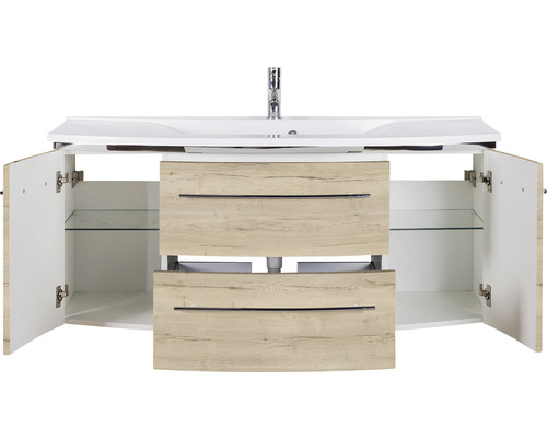 Waschtisch mit offen stehenden Türen und zwei Schubladen