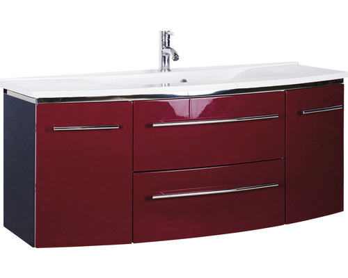 Ensemble de meubles de salle de bains Marlin 3040 couleur de façade rouge brillant 2 pièces avec lavabo en marbre minéral blanc lxhxp 122 x 90 x 48 cm