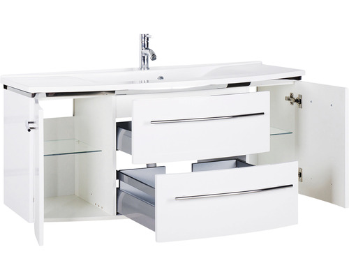 Waschtischunterschrank mit Waschbecken, zwei Schubladen und offenen Fächern mit Glaseinlegeböden