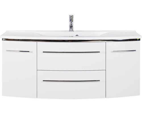 Weisser Waschtisch mit zwei Schubladen, zwei Türen und Aufsatzwaschbecken mit Armatur