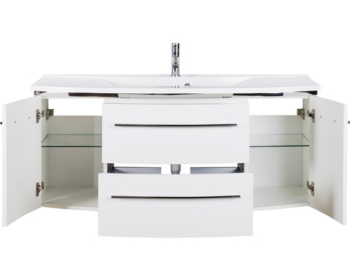 Weisser Waschtischunterschrank mit zwei Schubladen, zwei offenen Türen und Glasböden