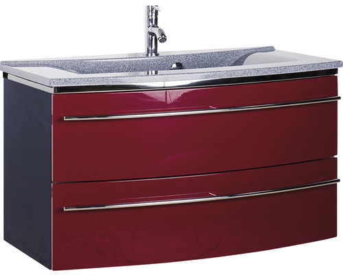 Ensemble de meubles de salle de bains Marlin 3040 couleur de façade rouge brillant 2 pièces avec lavabo en marbre minéral granit gris lxhxp 92,4 x 90 x 48 cm