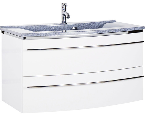 Ensemble de meubles de salle de bains Marlin 3040 couleur de façade blanc haute brillance 2 pièces avec lavabo en marbre minéral granit gris lxhxp 92,4 x 90 x 48 cm