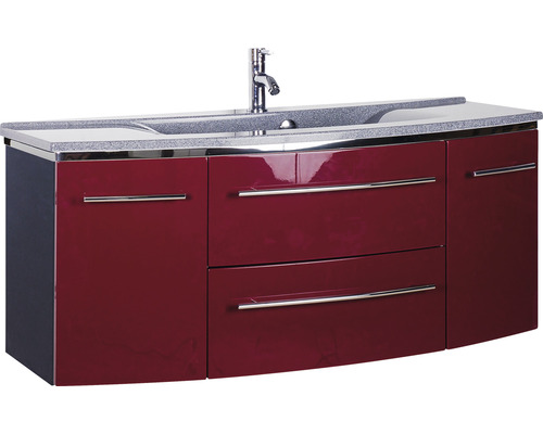 Ensemble de meubles de salle de bains Marlin 3040 couleur de façade rouge brillant 2 pièces avec lavabo en marbre minéral granit gris lxhxp 122 x 90 x 48 cm