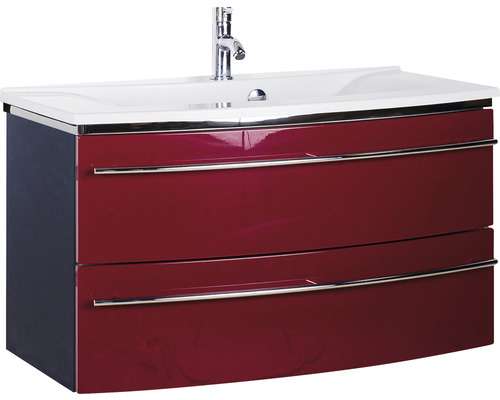 Ensemble de meubles de salle de bains Marlin 3040 couleur de façade rouge brillant 2 pièces avec lavabo en marbre minéral granit blanc lxhxp 92,4 x 90 x 48 cm