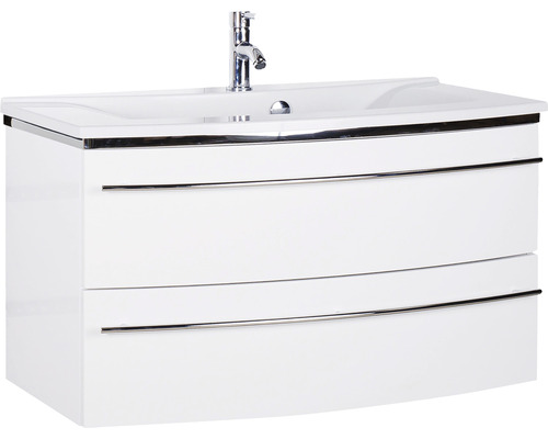 Ensemble de meubles de salle de bains Marlin 3040 couleur de façade blanc haute brillance 2 pièces avec lavabo en marbre minéral granit blanc lxhxp 92,4 x 90 x 48 cm