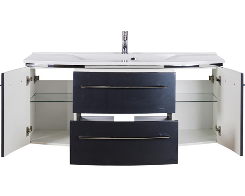 Waschtischunterschrank mit zwei Schubladen, zwei Türen und Glasablage