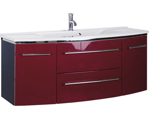 Ensemble de meubles de salle de bains Marlin 3040 couleur de façade rouge brillant 2 pièces avec lavabo en marbre minéral granit blanc lxhxp 122 x 90 x 48 cm