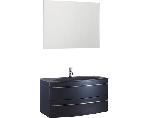 Ensemble de meubles de salle de bains Marlin 3040 couleur de façade anthracite brillant 3 pièces avec lavabo en verre lxhxp 90,4 x 198,2 x 47,9 cm avec miroir