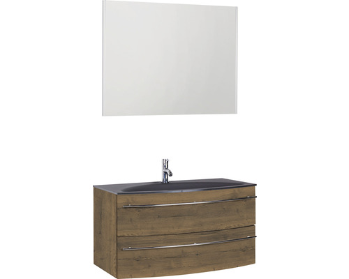 Ensemble de meubles de salle de bains Marlin 3040 couleur de façade chêne marron décor bois 3 pièces avec lavabo en verre lxhxp 90,4 x 198,2 x 47,9 cm avec miroir