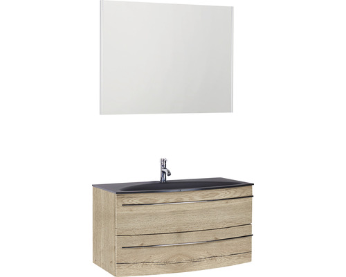 Ensemble de meubles de salle de bains Marlin 3040 couleur de façade chêne nature 3 pièces avec lavabo en verre lxhxp 90,4 x 198,2 x 47,9 cm avec miroir