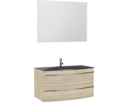 Ensemble de meubles de salle de bains Marlin 3040 couleur de façade chêne blanc 3 pièces avec lavabo en verre lxhxp 90,4 x 198,2 x 47,9 cm avec miroir