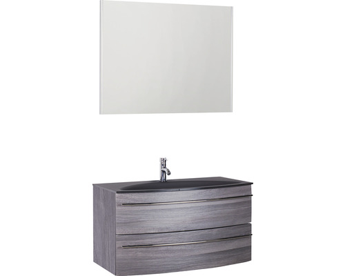 Ensemble de meubles de salle de bains Marlin 3040 couleur de façade châtaignier graphite décor bois 3 pièces avec lavabo en verre lxhxp 90,4 x 198,2 x 47,9 cm avec miroir