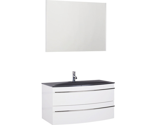 Ensemble de meubles de salle de bains Marlin 3040 couleur de façade blanc haute brillance 3 pièces avec lavabo en verre lxhxp 90,4 x 198,2 x 47,9 cm avec miroir