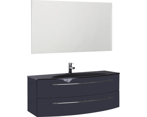 Ensemble de meubles de salle de bains Marlin 3040 couleur de façade anthracite brillant 3 pièces avec lavabo en verre lxhxp 120,4 x 198,2 x 47,9 cm avec miroir