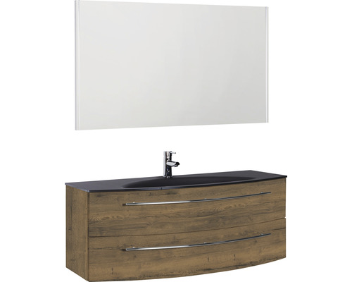 Ensemble de meubles de salle de bains Marlin 3040 couleur de façade chêne marron décor bois 3 pièces avec lavabo en verre lxhxp 120,4 x 198,2 x 47,9 cm avec miroir
