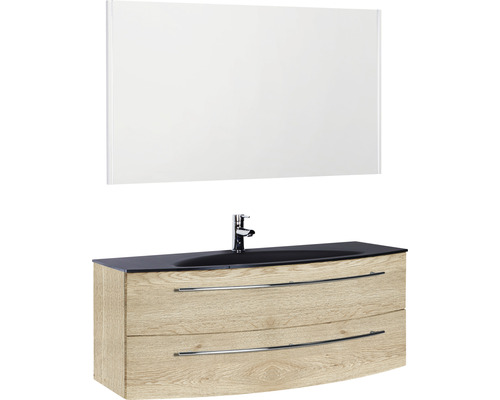 Ensemble de meubles de salle de bains Marlin 3040 couleur de façade chêne nature 3 pièces avec lavabo en verre lxhxp 120,4 x 198,2 x 47,9 cm avec miroir