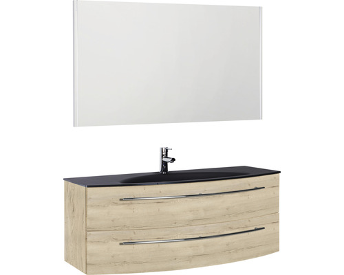 Ensemble de meubles de salle de bains Marlin 3040 couleur de façade chêne blanc 3 pièces avec lavabo en verre lxhxp 120,4 x 198,2 x 47,9 cm avec miroir