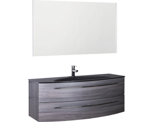 Ensemble de meubles de salle de bains Marlin 3040 couleur de façade châtaignier graphite décor bois 3 pièces avec lavabo en verre lxhxp 120,4 x 198,2 x 47,9 cm avec miroir