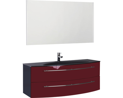 Ensemble de meubles de salle de bains Marlin 3040 couleur de façade rouge brillant 3 pièces avec lavabo en verre lxhxp 120,4 x 198,2 x 47,9 cm avec miroir