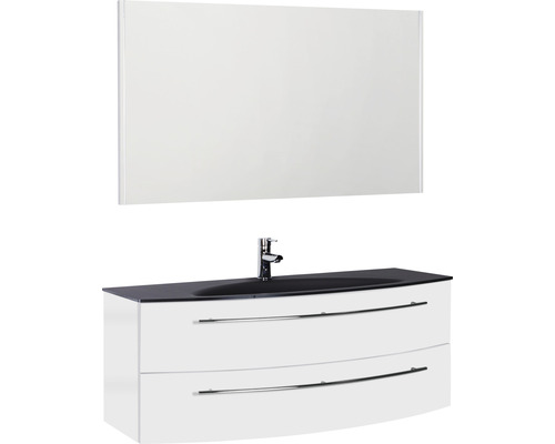 Ensemble de meubles de salle de bains Marlin 3040 couleur de façade blanc haute brillance 3 pièces avec lavabo en verre lxhxp 120,4 x 198,2 x 47,9 cm avec miroir