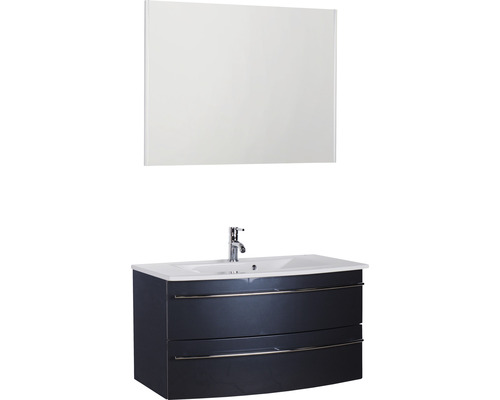 Ensemble de meubles de salle de bains Marlin 3040 couleur de façade anthracite brillant 3 pièces avec lavabo en céramique blanc lxhxp 91 x 198,2 x 51 cm avec miroir