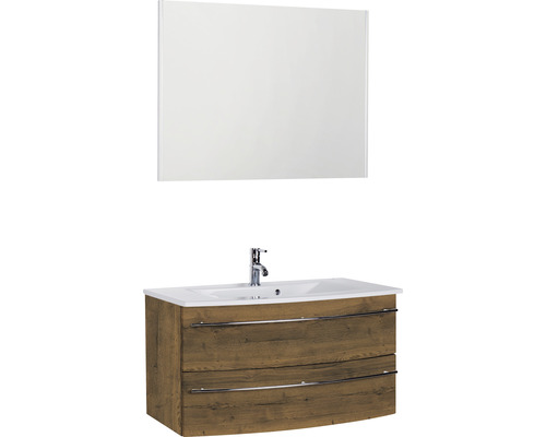 Ensemble de meubles de salle de bains Marlin 3040 couleur de façade chêne marron décor bois 3 pièces avec lavabo en céramique blanc lxhxp 91 x 198,2 x 51 cm avec miroir